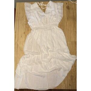 J Gee Maxi Dress Plus 2X White Rayon Tiered Ruffle Smocked Waist Flutter Sleeve